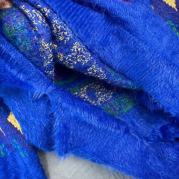 Cultural Fair Isle Print Fluffy Furry Knit Pullover Sweater Soft Shiny T-11 - Picture 8 of 9
